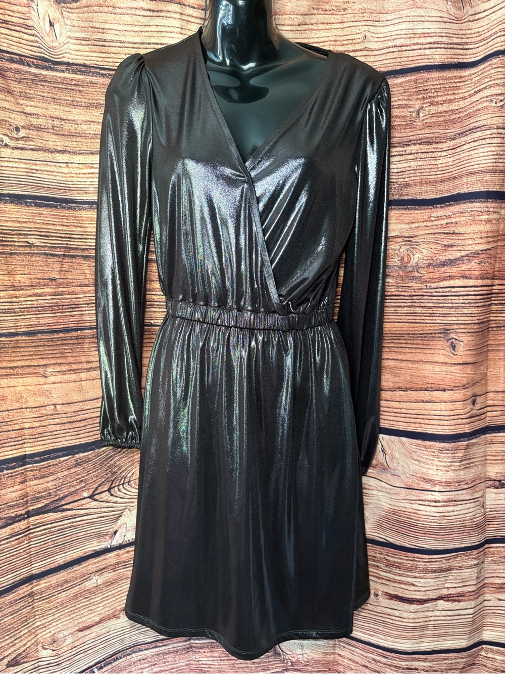 MICHAEL Michael Kors Metallic Black Long-Sleeve Wrap Dress Wet / Liquid Effect